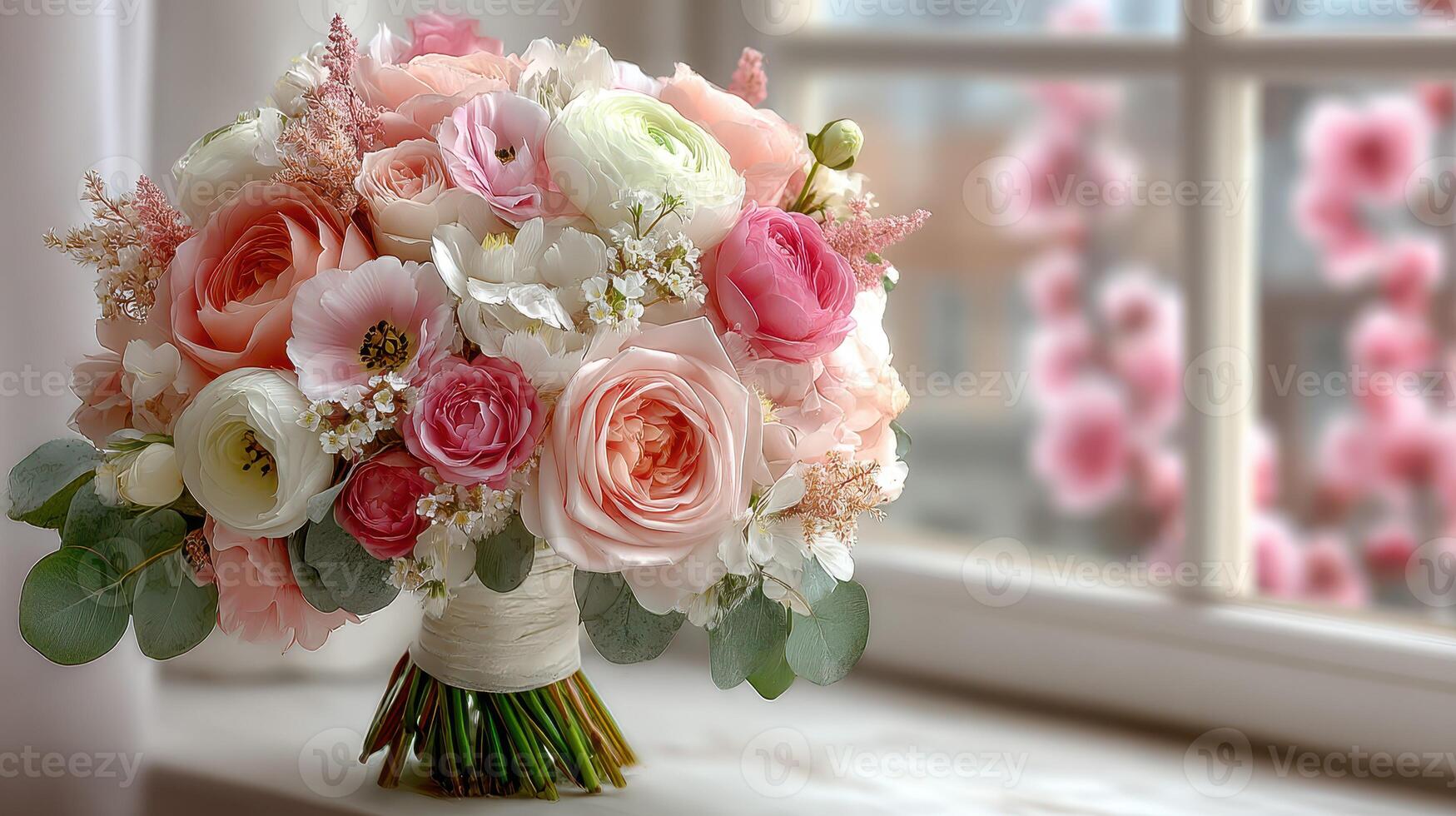 Beautiful floral bouquet displayed on a table with window view and soft pink flowers in the background during daylight photo
