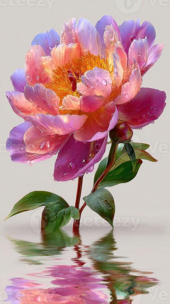 Beautiful peony flower with dew drops reflected in water during a peaceful morning photo