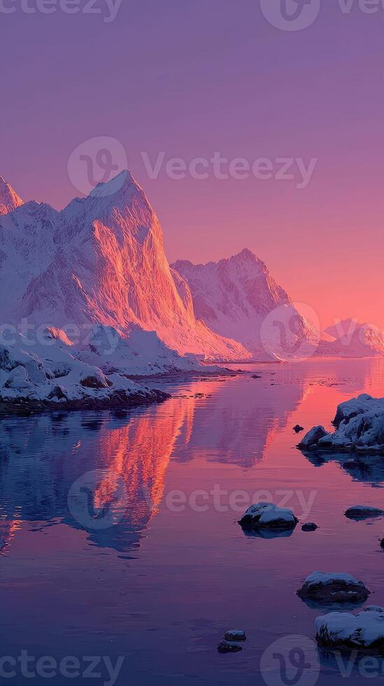 Breathtaking winter landscape at dusk with snow-capped mountains reflecting in serene water photo
