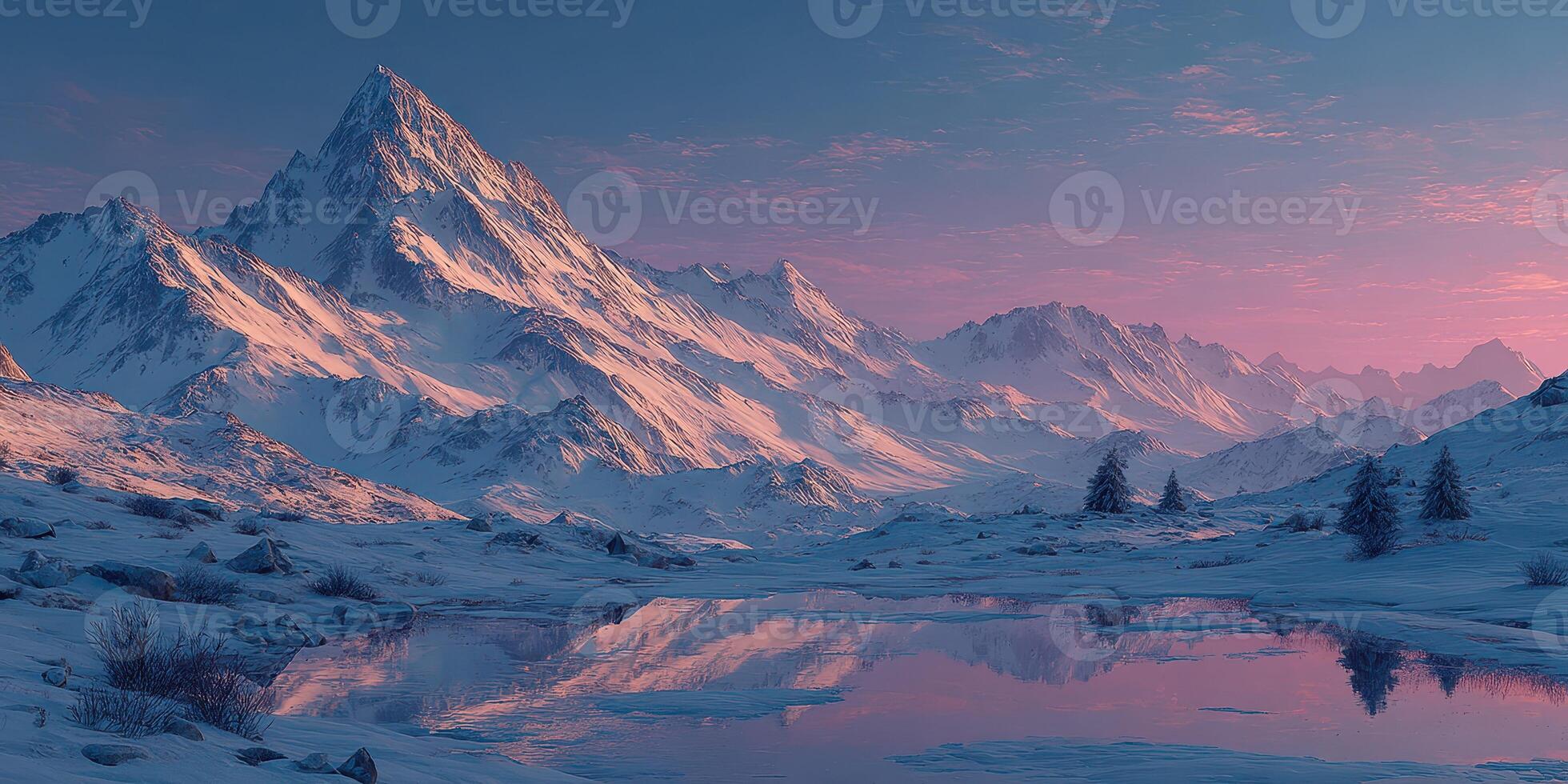 Snow-covered mountains reflect in a tranquil lake during sunset in a serene alpine landscape photo