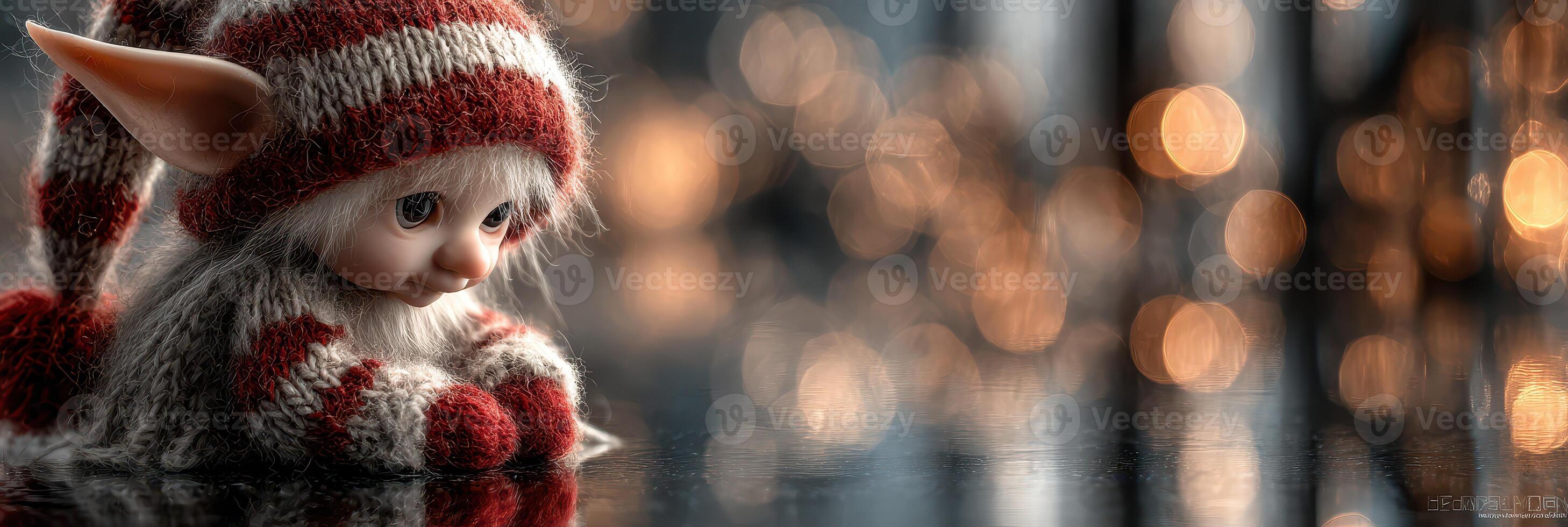 Colorful elf figurine with large ears sits contemplatively among soft glowing lights photo
