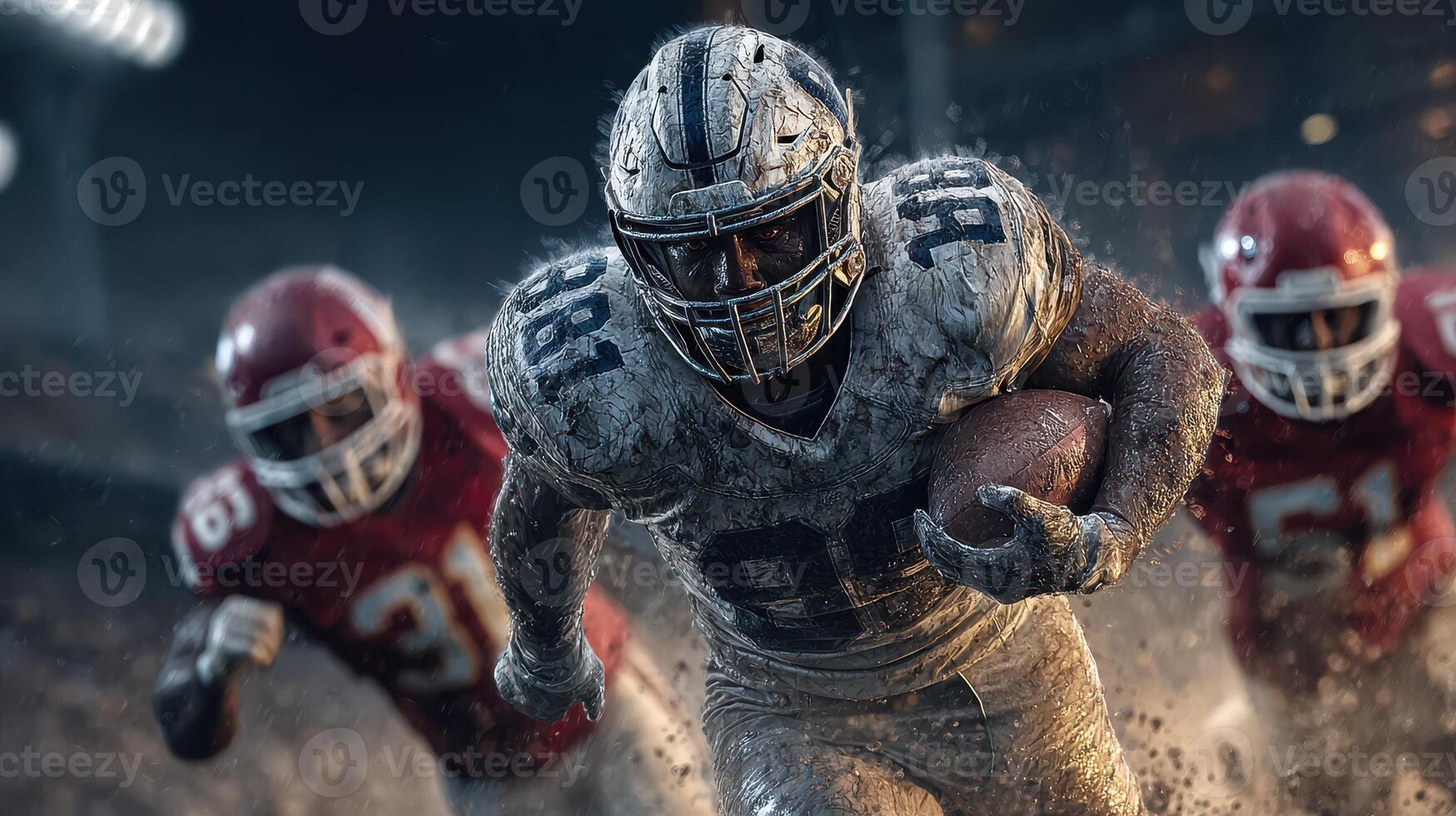Intense football clash features a player breaking through defenders during a stormy night game on the field photo