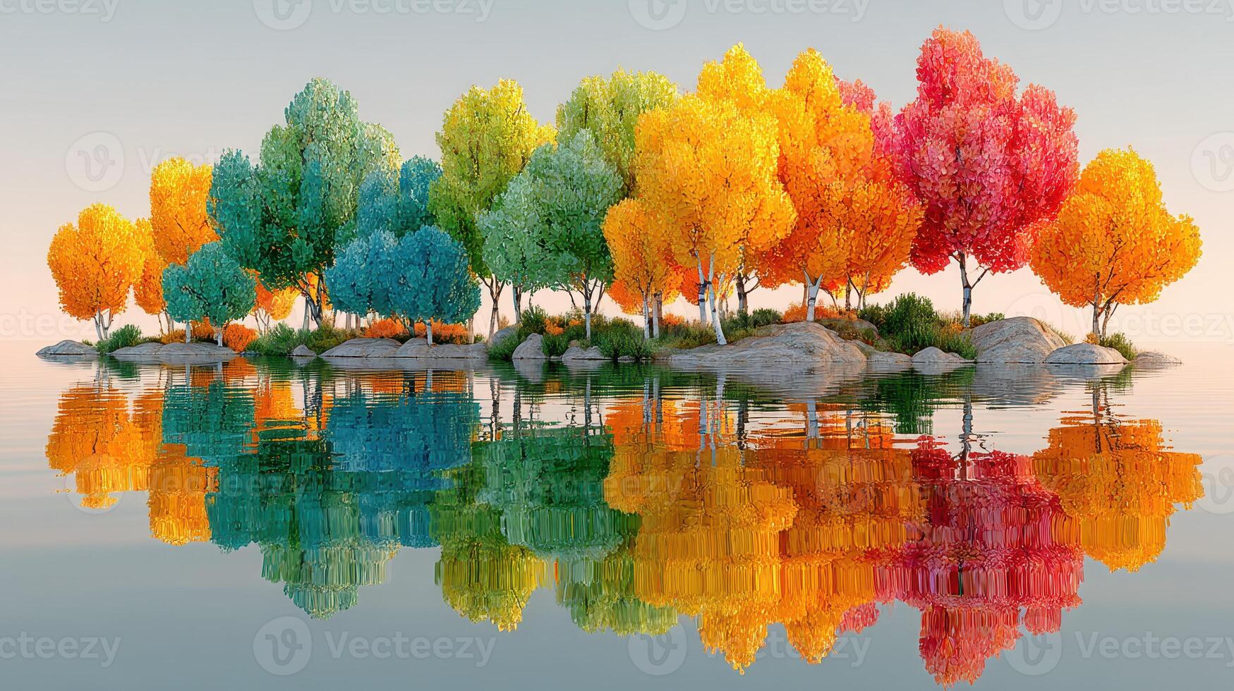 Vibrant autumn trees reflect in calm water under a clear sky at a serene lakeside location photo