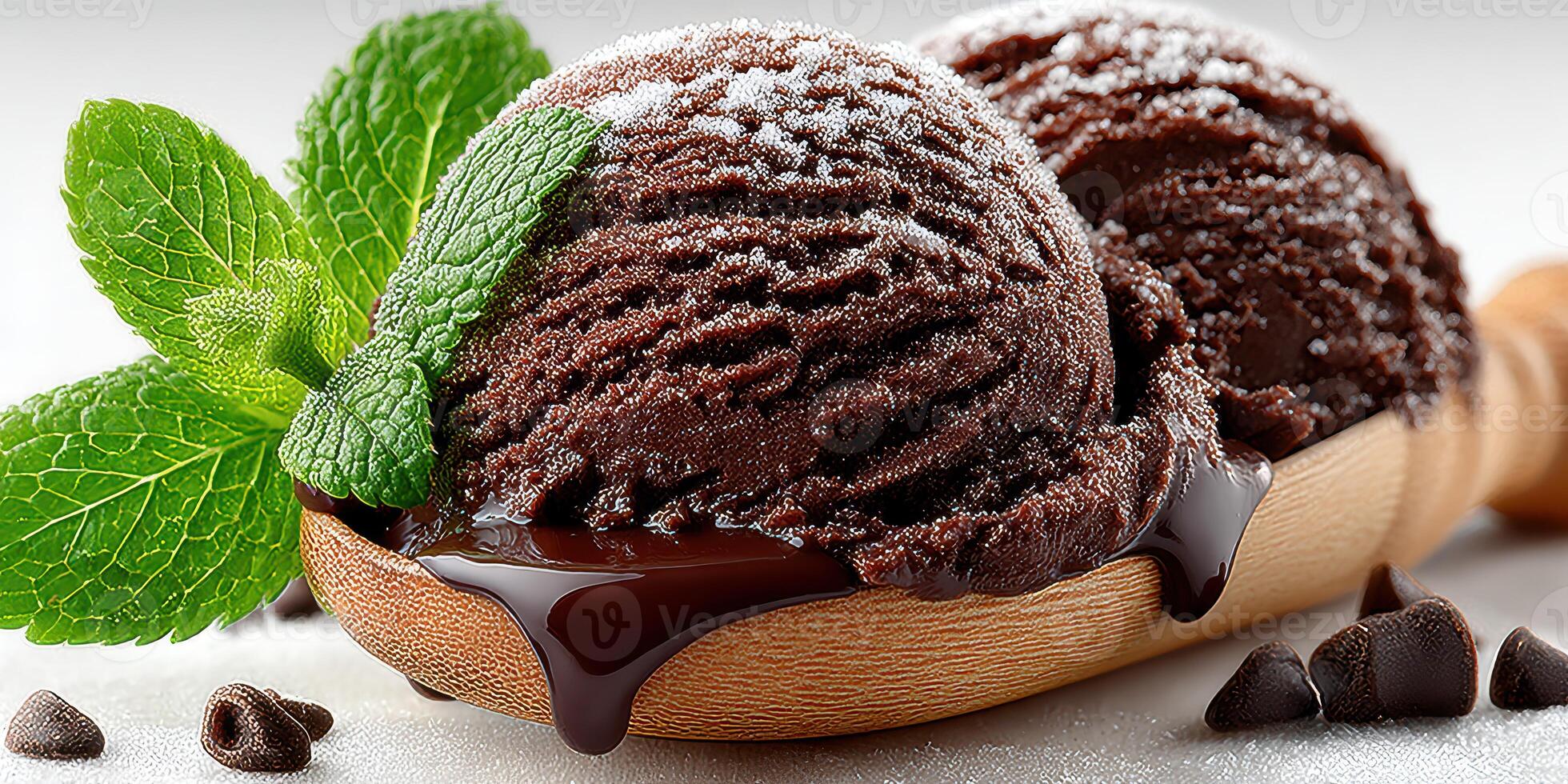 Delicious chocolate ice cream served in a wooden bowl with mint leaves and chocolate syrup photo