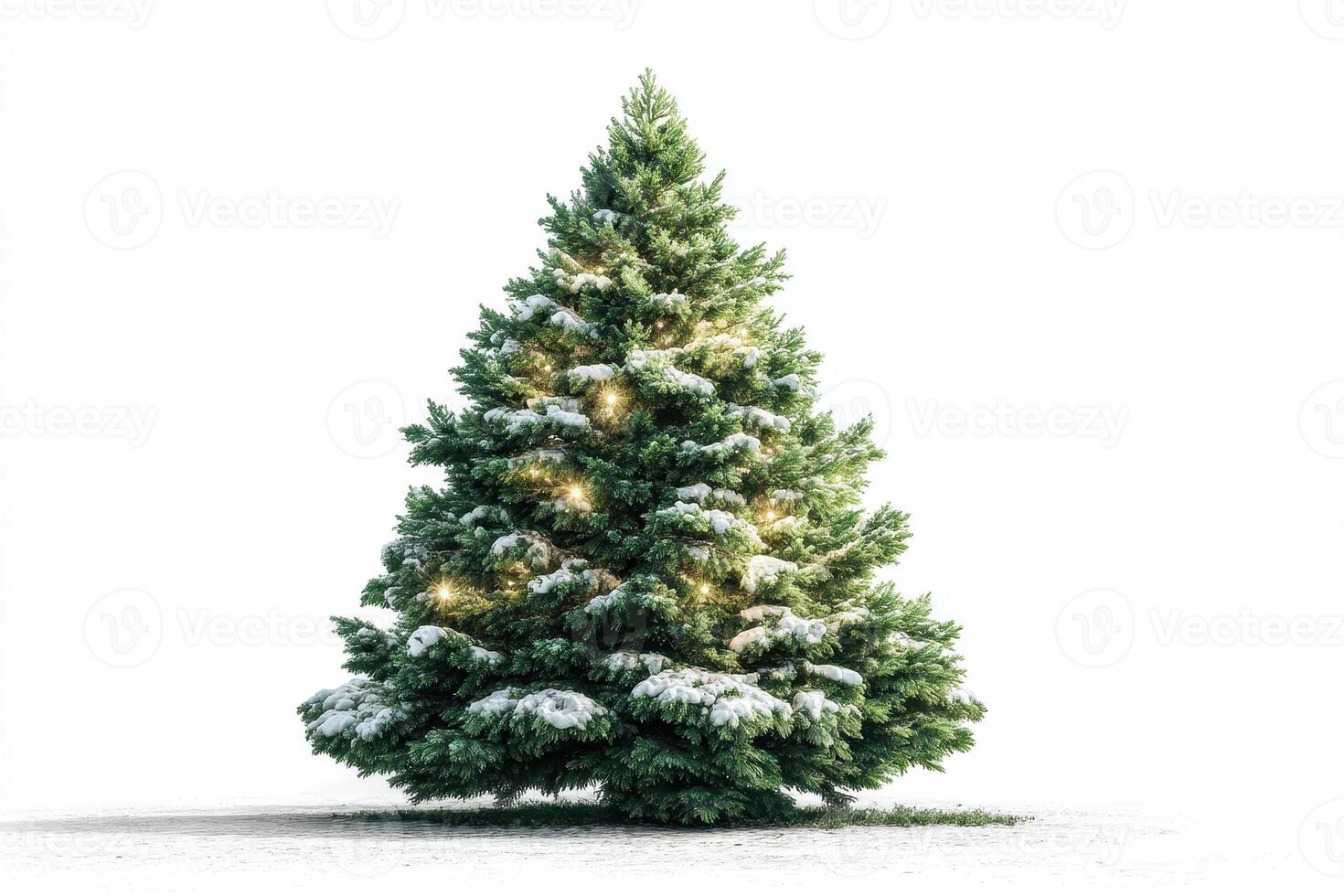 Snow-covered Christmas tree illuminated with lights stands alone in a winter landscape during the holiday season photo