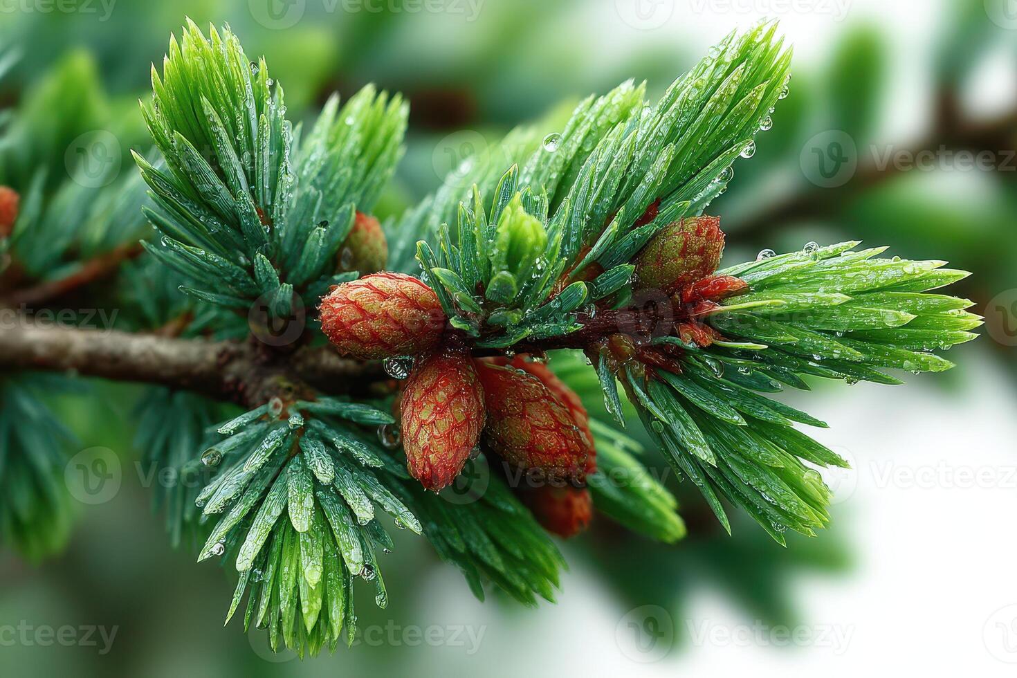 Close-up view of fresh conifer branches with raindrops in a natural setting during springtime photo