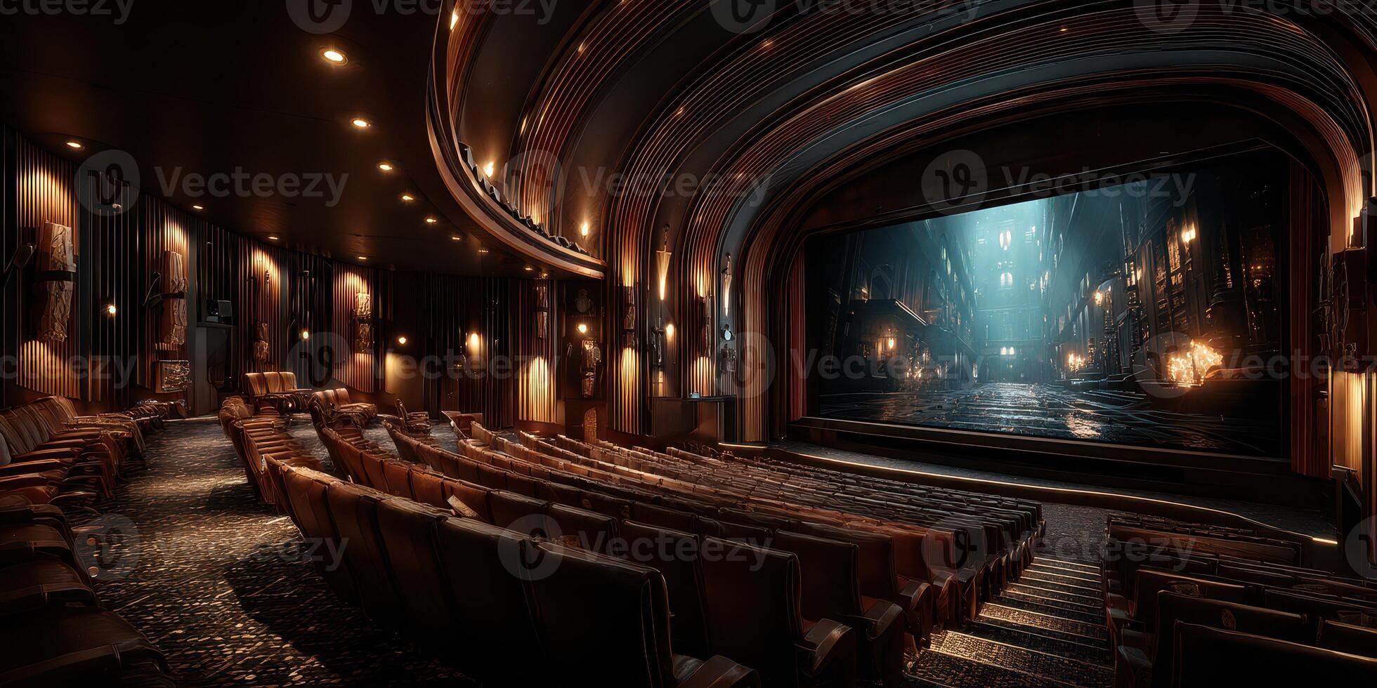 Vintage theater showcasing a cinematic experience in a dimly lit hall with elegant design and comfortable seating photo