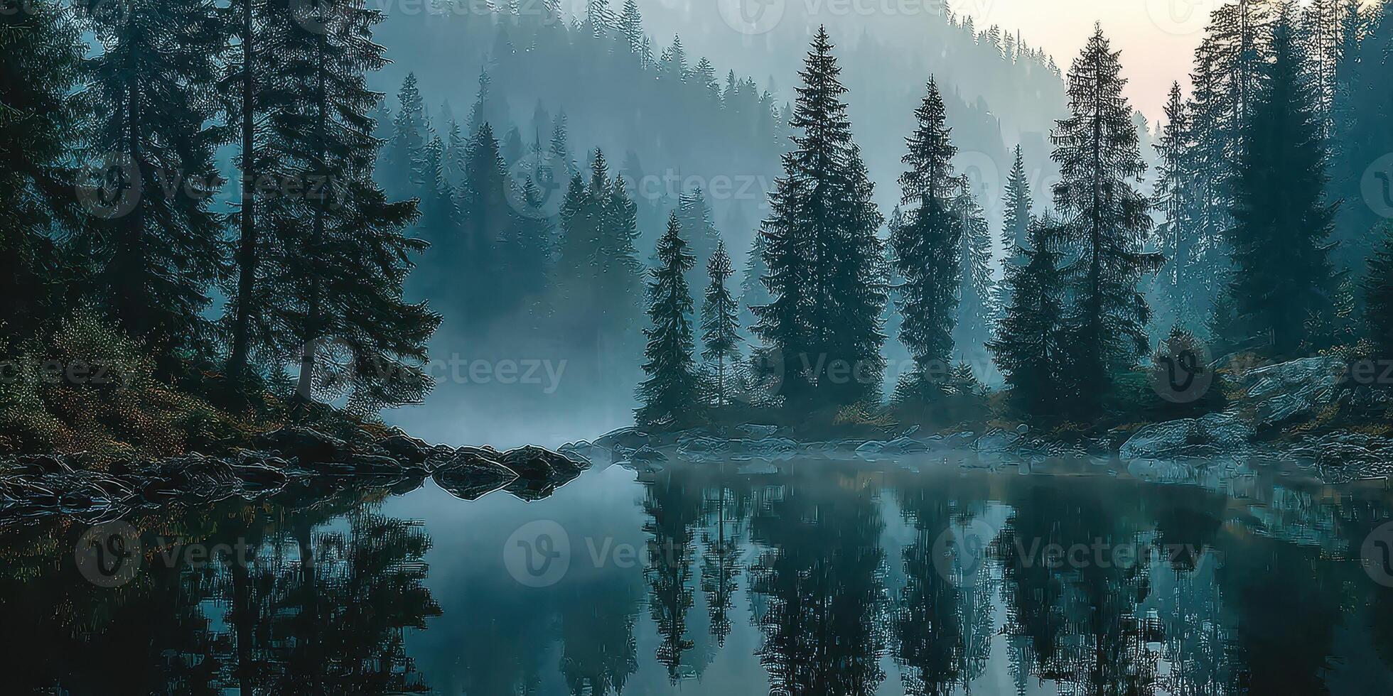 Serene reflection of pine trees at dawn by a tranquil lake surrounded by mist in a mountain forest photo