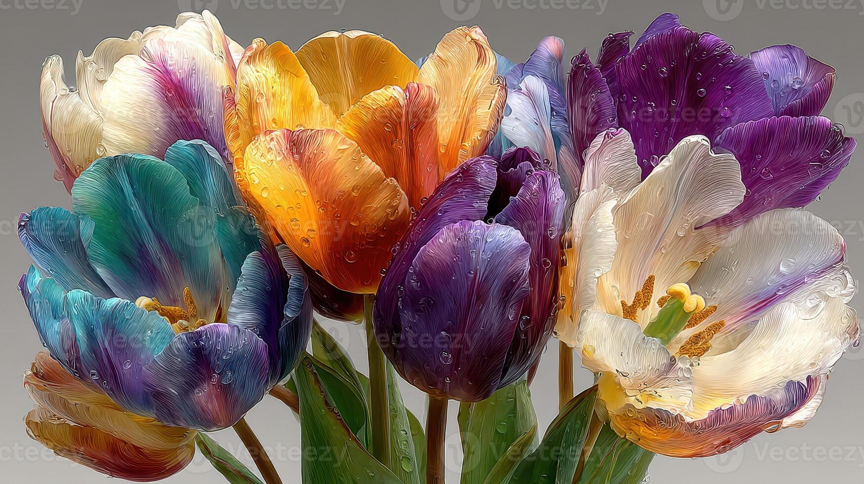 Colorful tulips arranged in a stunning bouquet showcasing vibrant hues and delicate petals in a warm, artistic display photo