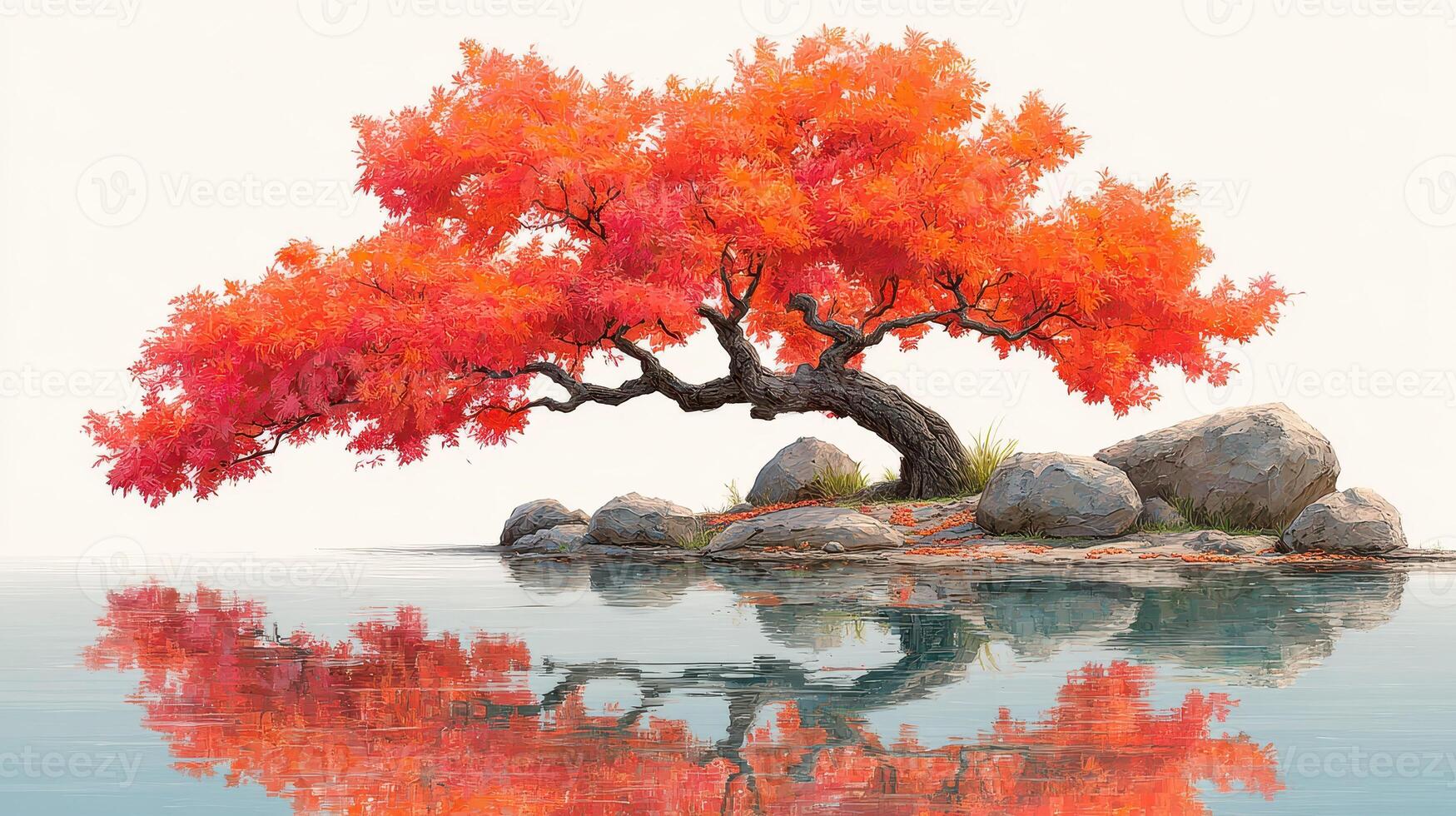 Vibrant red maple tree reflects in calm water on a serene island in autumn photo