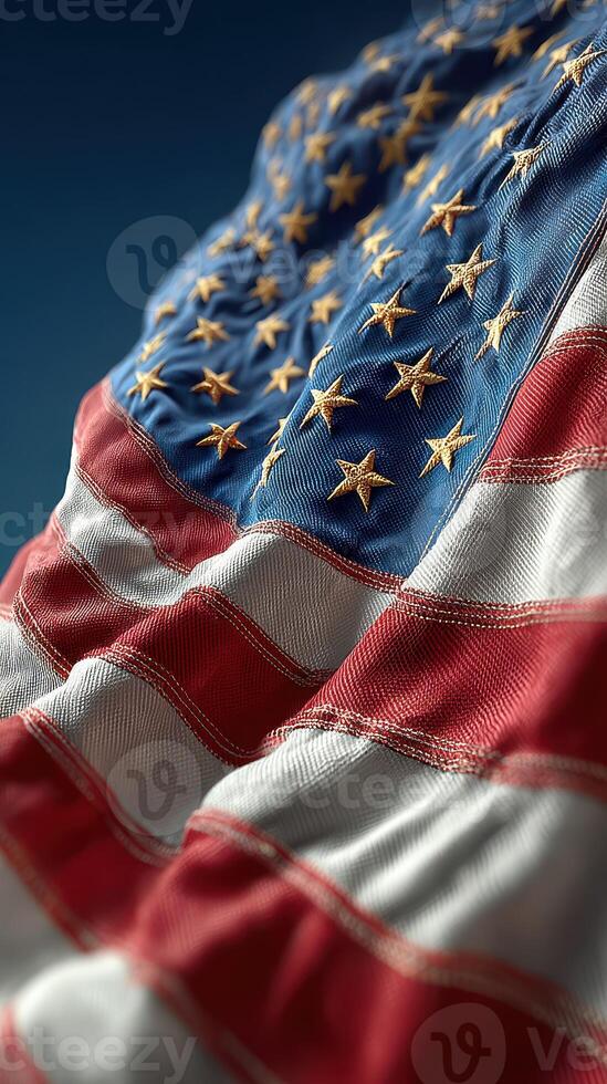 Waving American flag close-up showcasing meticulous stitching and vibrant colors in natural light photo