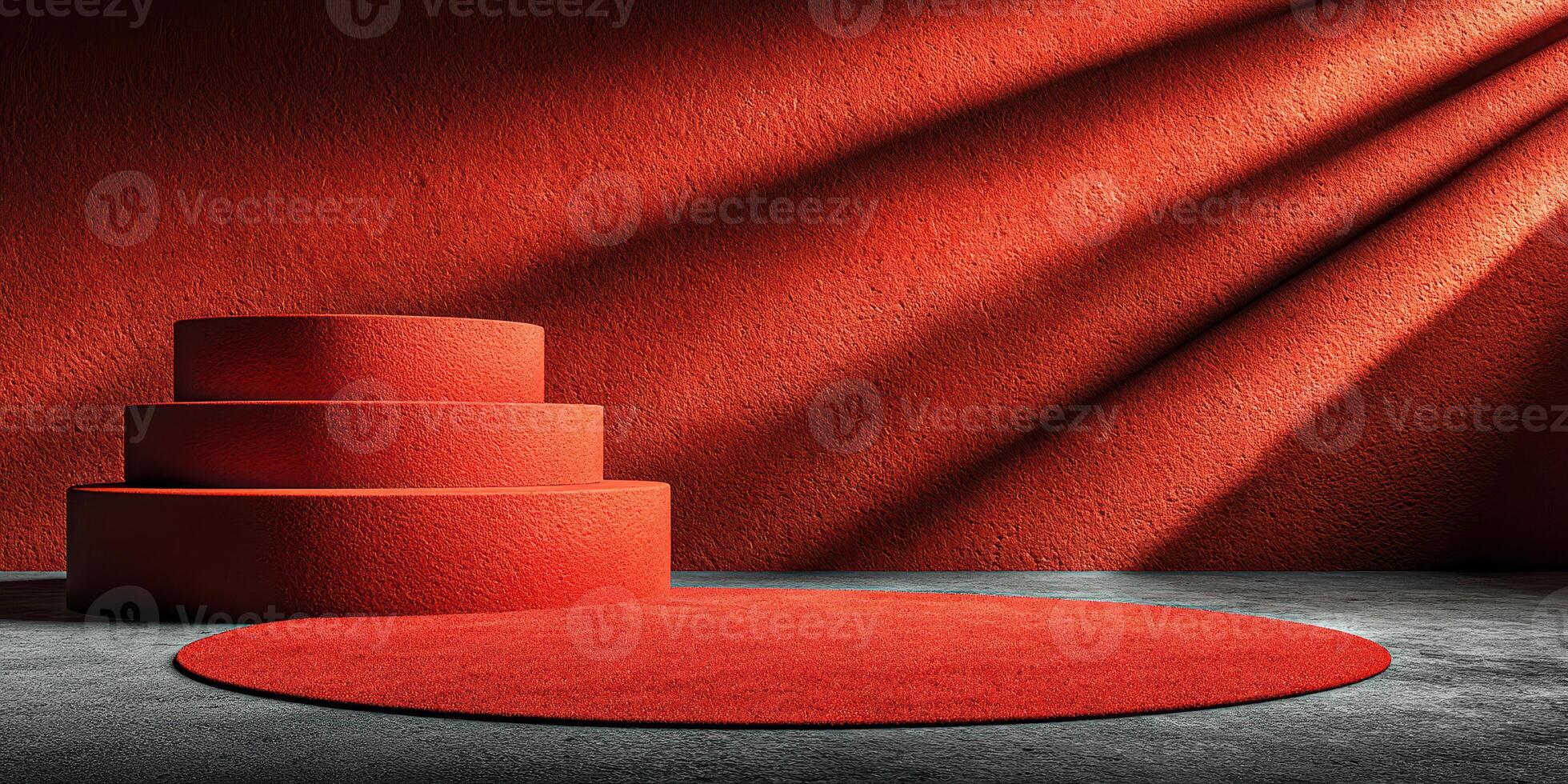 Bright red backdrop with textured walls and circular platforms for a modern display setup photo