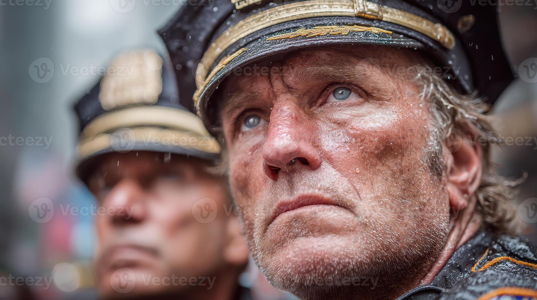 Serious expressions of police officers under rain during a street event in a bustling urban location photo