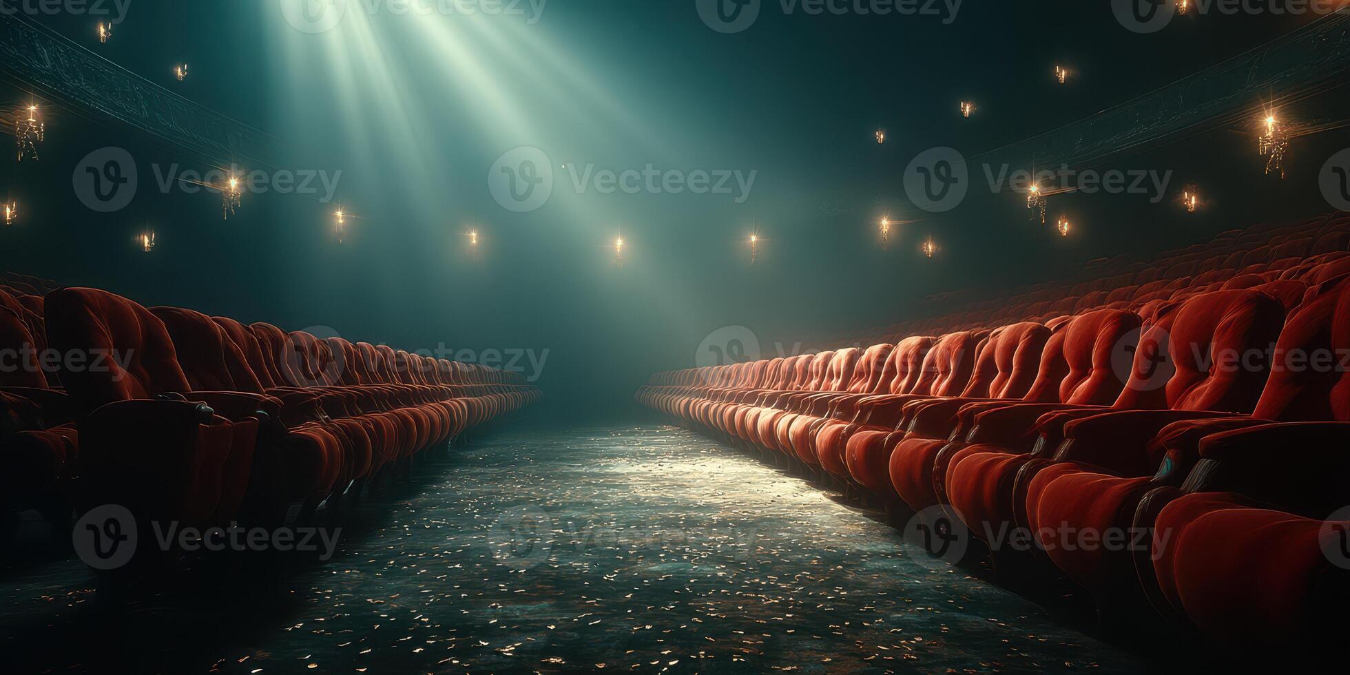 Empty theater with red velvet seats and dramatic lighting creating a mysterious atmosphere in the evening photo
