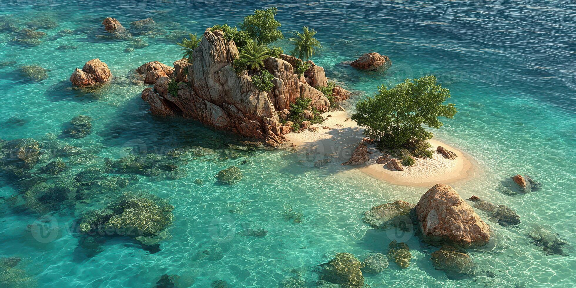 Secluded tropical island with clear turquoise waters and rocky formations surrounded by natural beauty photo
