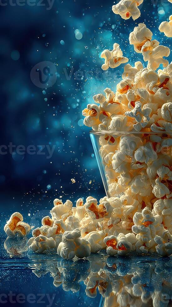 Popcorn spills from a transparent container against a vibrant blue background during a lively movie night celebration photo