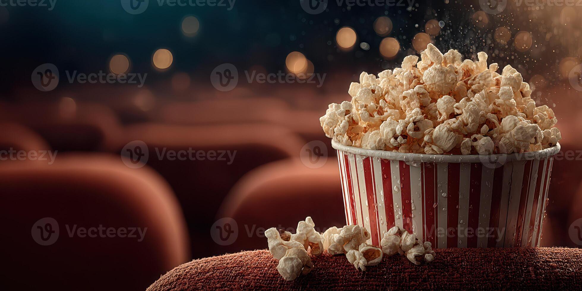 Delicious popcorn in a striped bucket at a movie theater with blurred seats in the background during a film screening photo