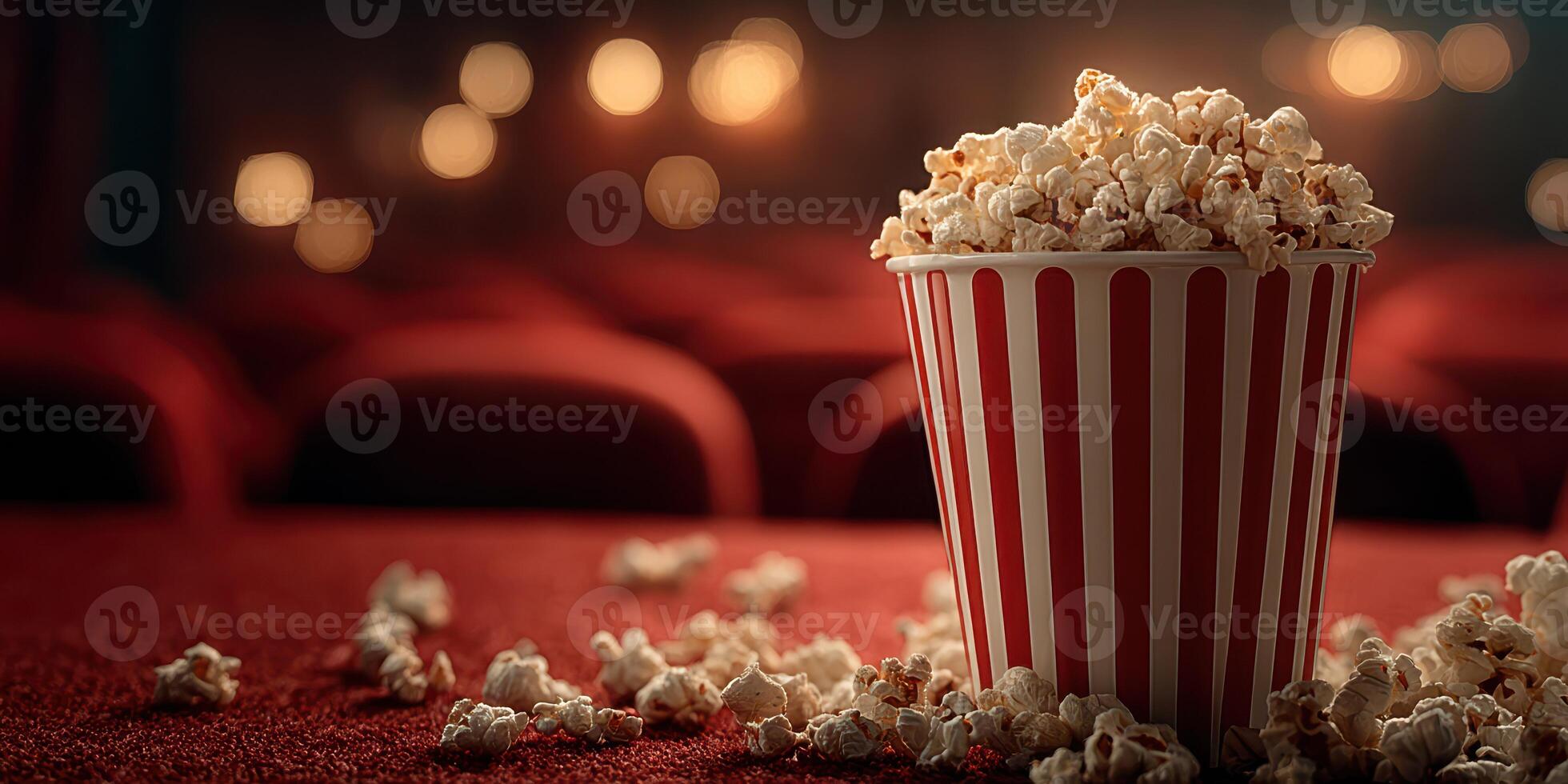 Freshly popped popcorn in a striped bucket placed on a table at a movie theater during a film screening photo