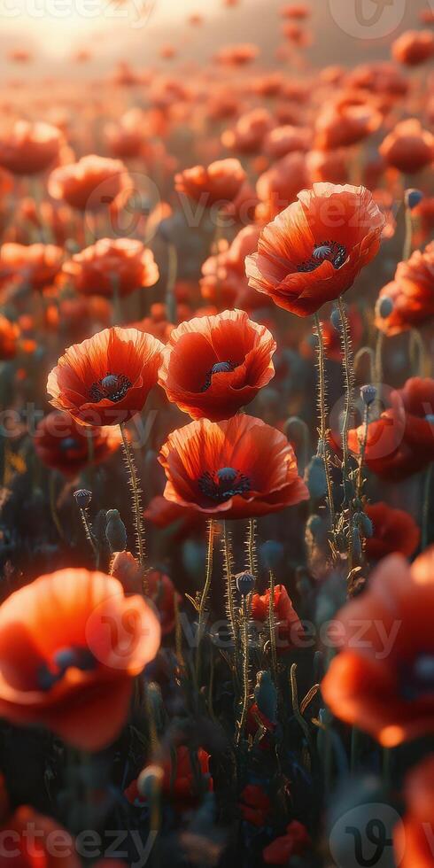 Vibrant poppy field in sunset light showcases nature's beauty and tranquility in bloom photo