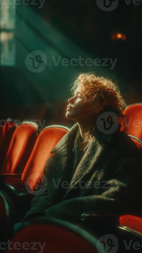 Woman with curly hair gazes thoughtfully in empty theater with red chairs and warm lighting photo
