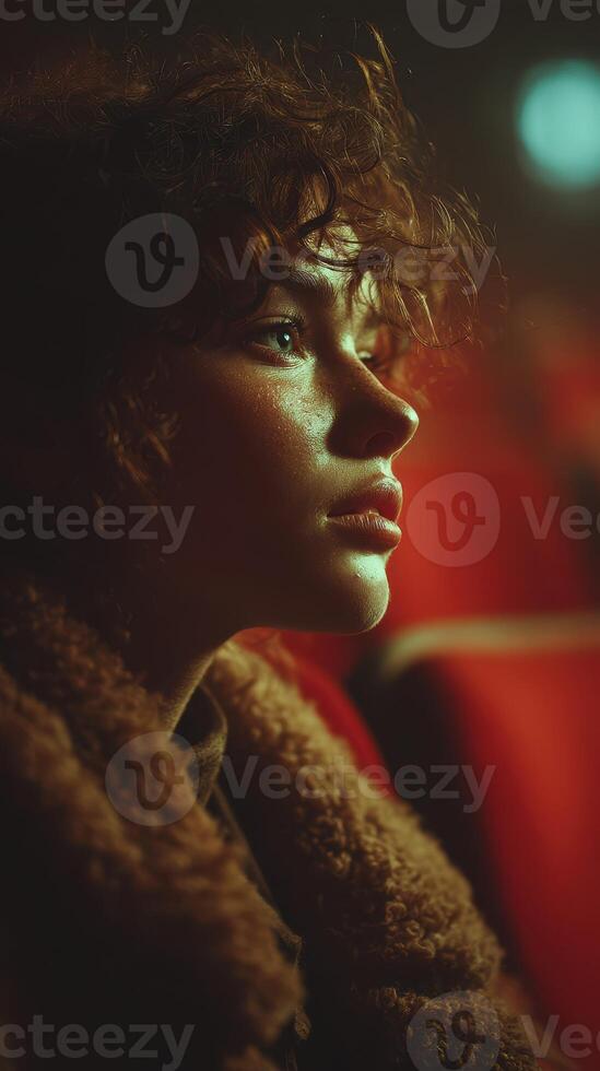 Young woman gazes thoughtfully in a dimly lit theater with red seating, capturing a moment of introspection photo