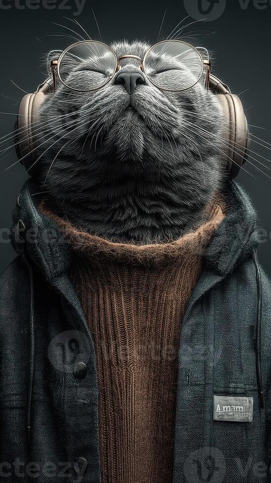 Cat wearing glasses and headphones showcases cool style with a sweater and jacket in a studio setting photo