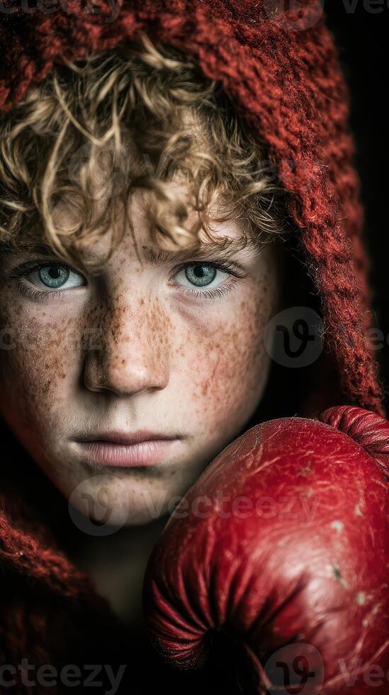 Young boxer in a red hooded robe with boxing gloves, focused expression highlighting determination and passion for the sport photo