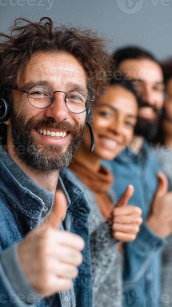 Team celebrates success with smiles and thumbs up in a modern office environment during a productive workday photo