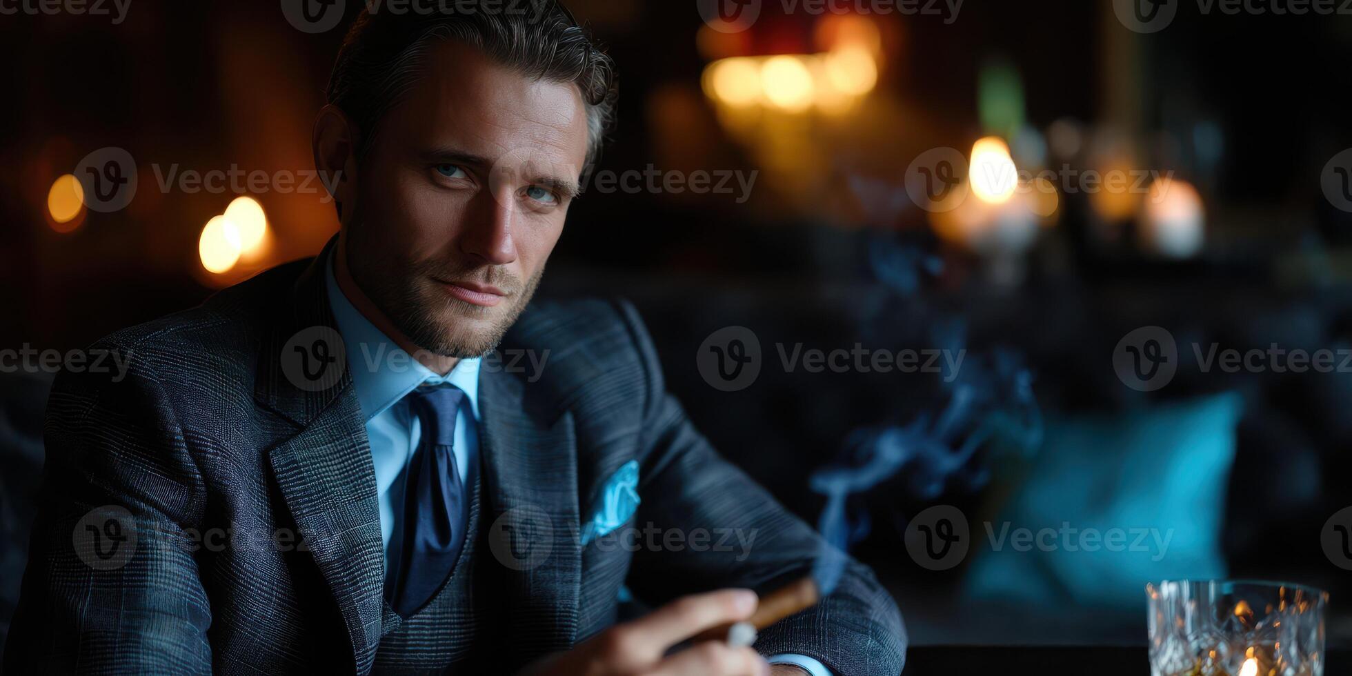 Elegant man enjoying a cigar in a dimly lit lounge with whiskey and soft ambiance at night photo