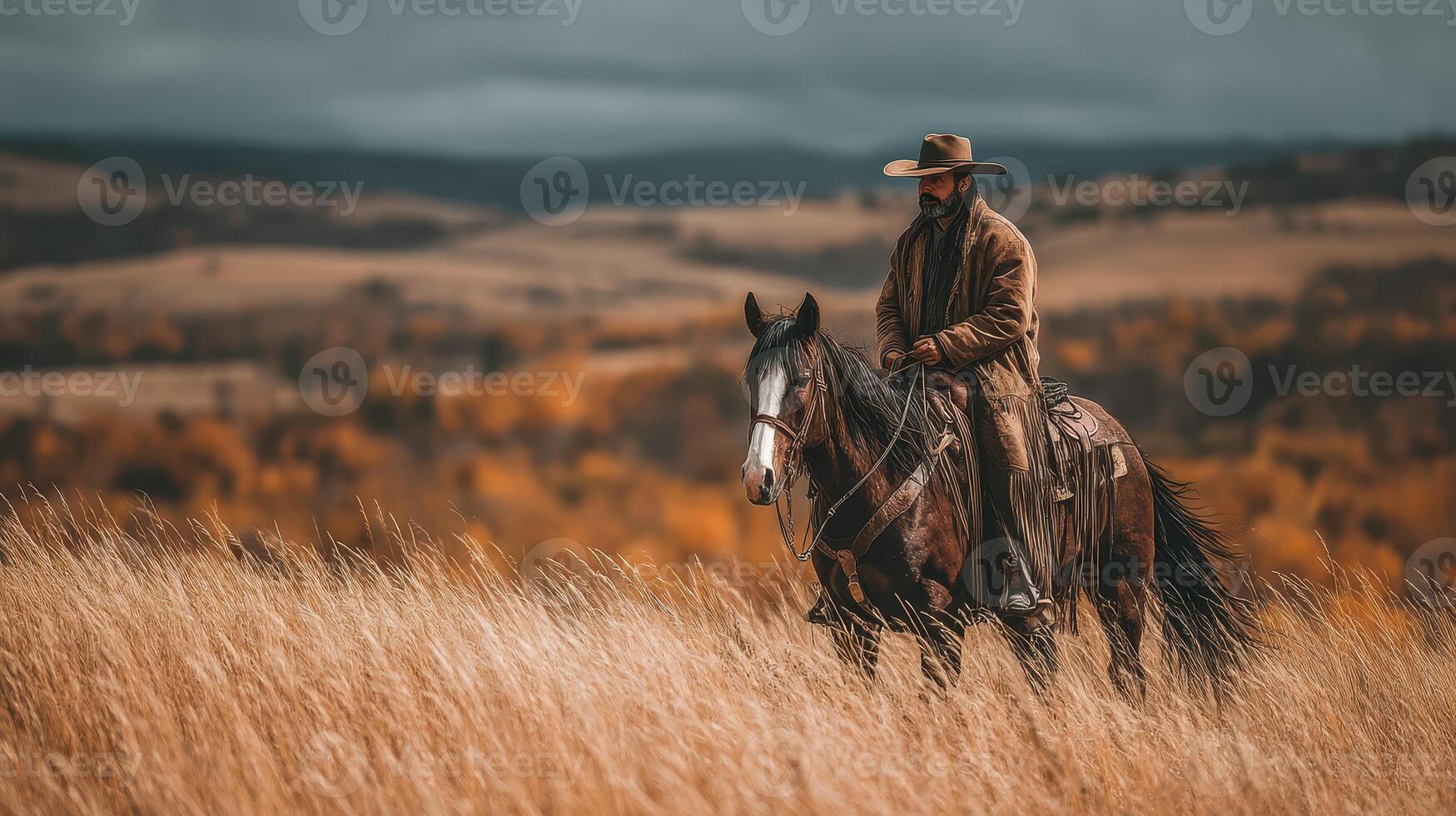 Exploring the vast landscape on horseback during an autumn afternoon adventure photo
