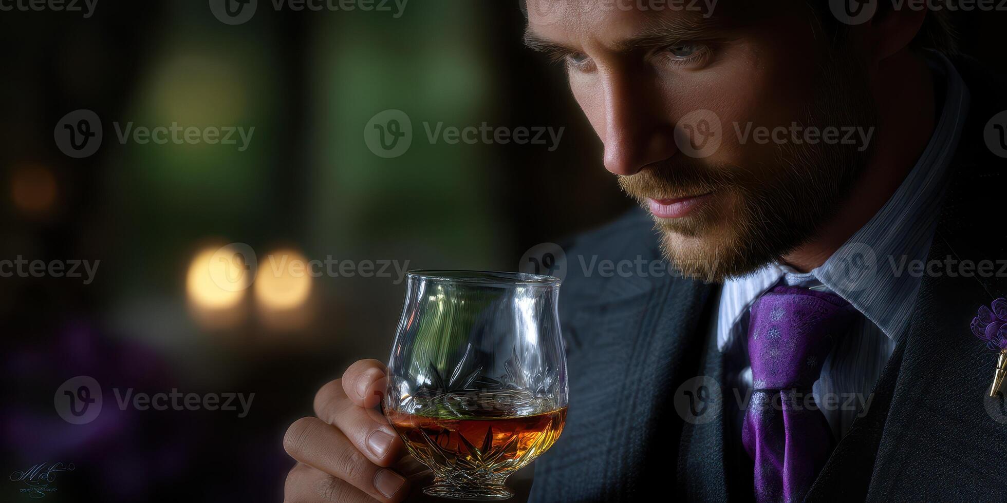 Man in formal attire analyzing a drink indoors at a sophisticated gathering in the evening photo