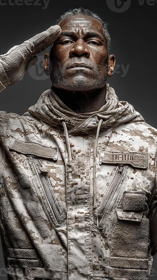 Saluting soldier in camouflage uniform with a determined expression in a dramatic light setting photo