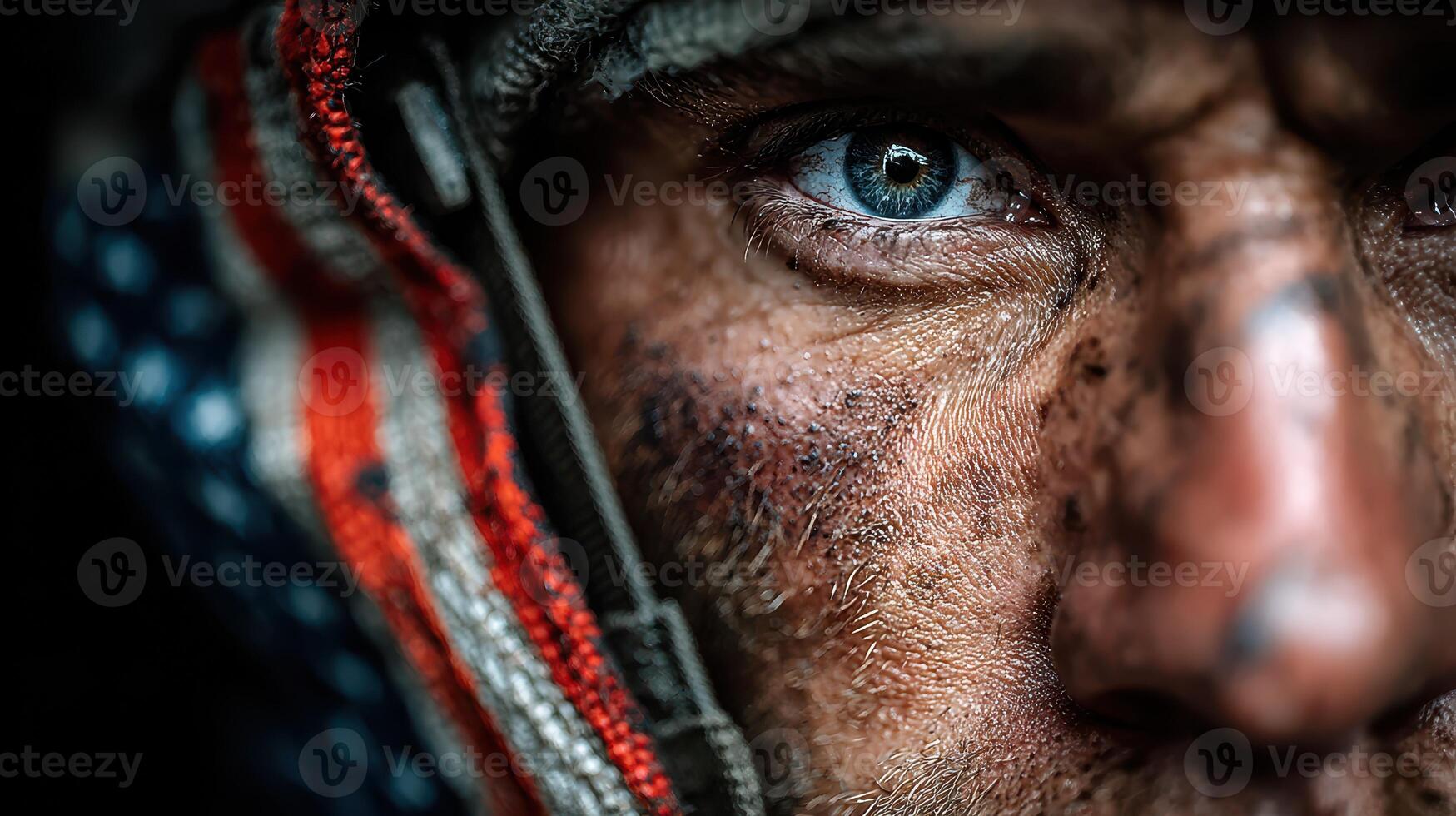 Close-up of a weathered soldier's face, capturing determination and resilience in intense expression during a mission at twilight photo