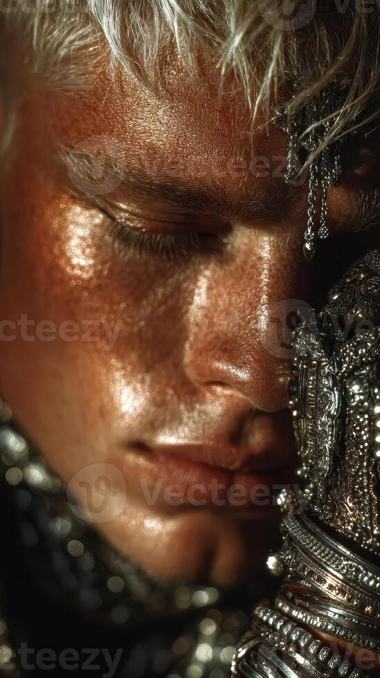 Close-up portrait of a model with striking makeup, intricate jewelry, and a unique artistic expression during a fashion event photo