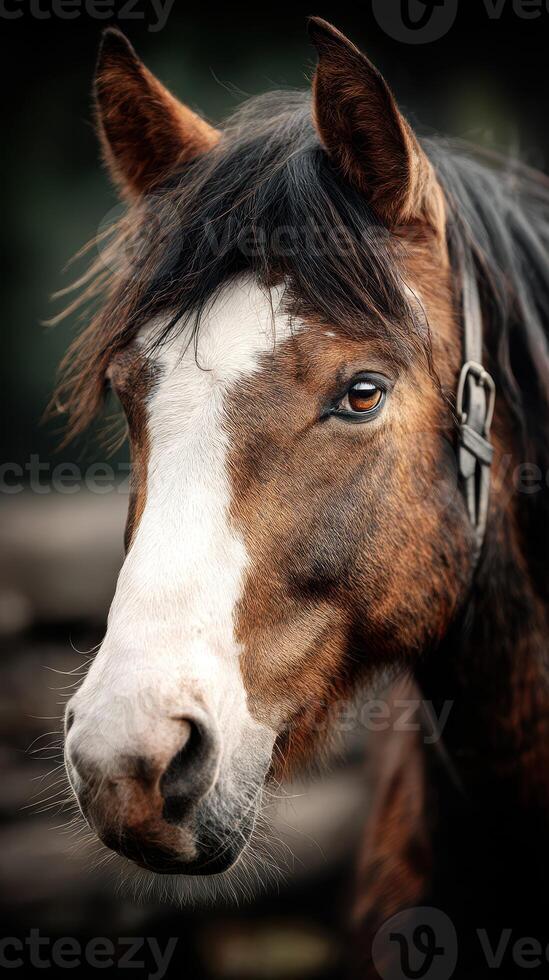 Beautiful close-up of a brown and white horse showing expressive eyes in a natural setting during daylight photo