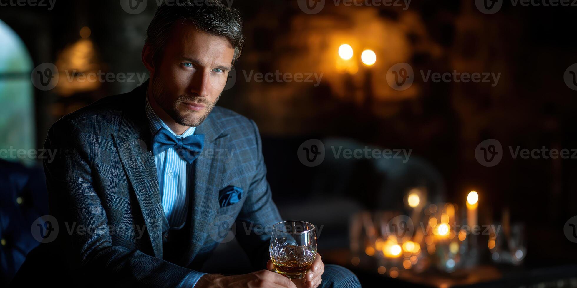 Sophisticated man enjoying whiskey in an elegant setting with warm candlelight ambiance during evening hours photo