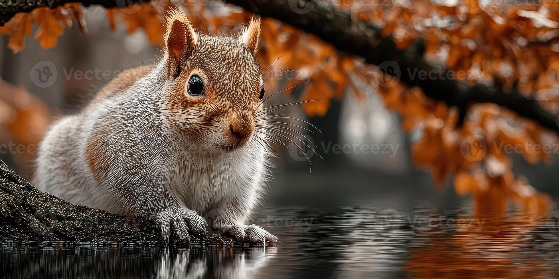 Squirrel perched on a branch by the shimmering water during autumn in a serene forest setting photo
