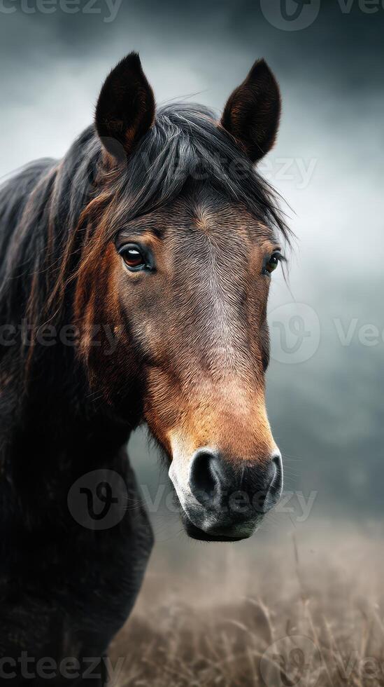 Majestic brown horse stands confidently in misty meadow during early morning lighting photo