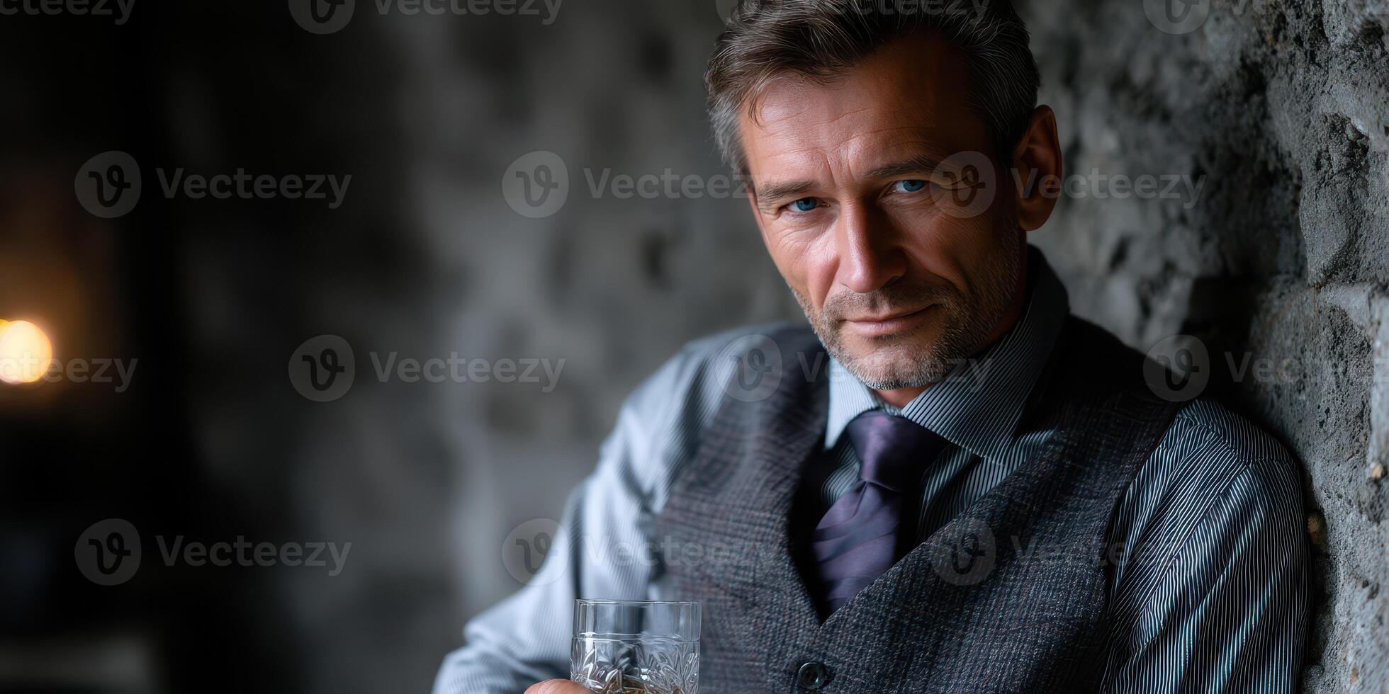 Man in a vest holding a glass stands against a stone wall in a dimly lit room photo