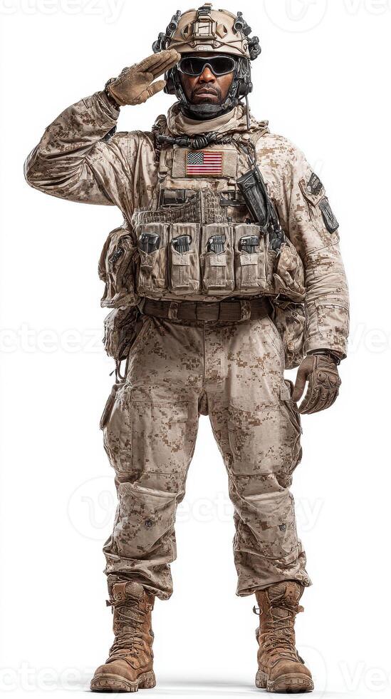 Military personnel in tactical gear saluting during a ceremonial event in a desert environment at midday photo