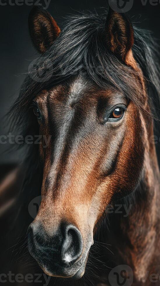 Close-up view of a horse showcasing its expressive eyes and flowing mane in natural light within a serene setting photo