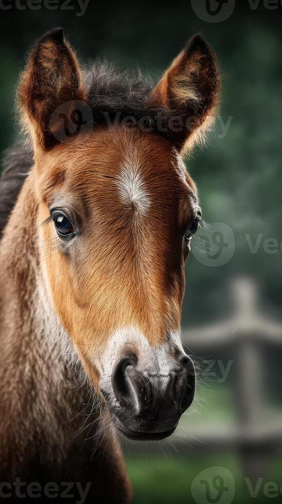 Close-up of a young horse with soft fur and expressive eyes in a serene farm environment during daylight hours photo