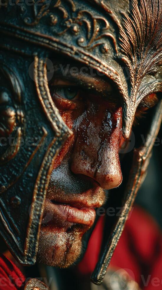 Warrior in ornate helmet reflects determination and strength during a historical reenactment in a vibrant outdoor setting photo
