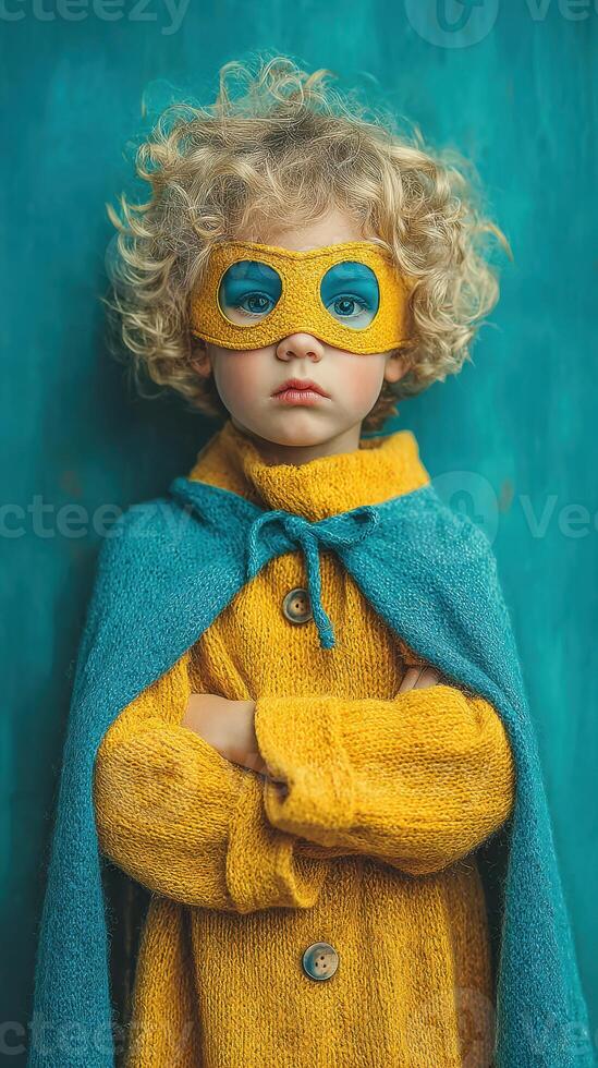 Child with curly hair dressed as a superhero stands confidently against a teal background during a creative play session photo