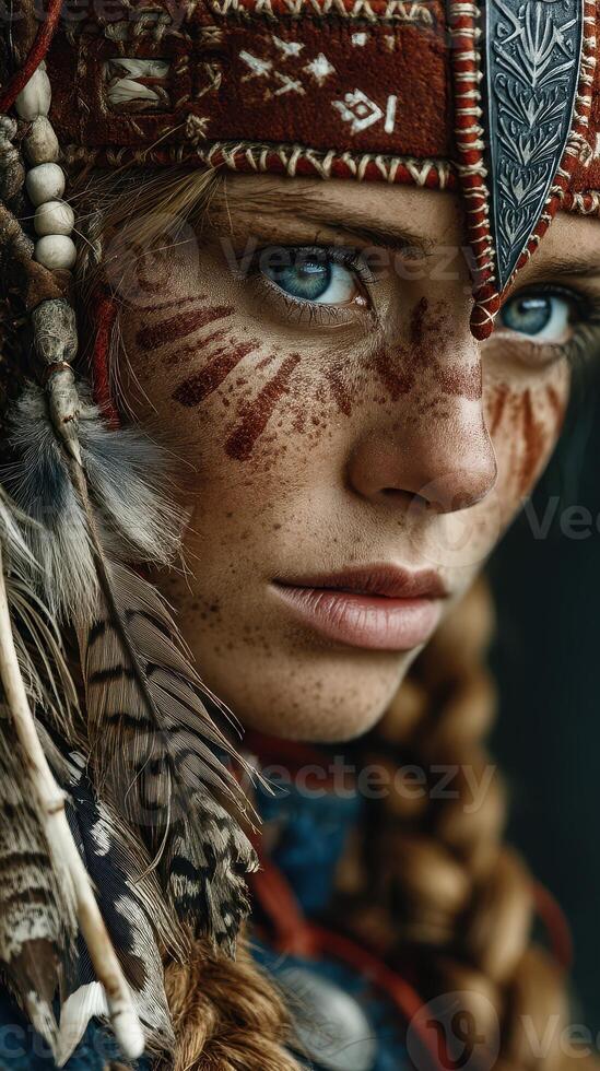 Portrait of a young woman adorned with tribal face paint and feathers, captured in an atmospheric and cultural setting photo