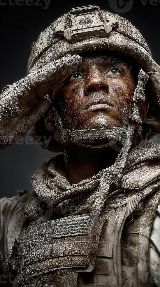 Soldier saluting with respect in rugged, weathered uniform during military service in a challenging environment photo