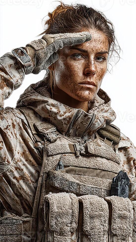 Military woman in camouflaged uniform saluting on a neutral background while displaying strong determination photo