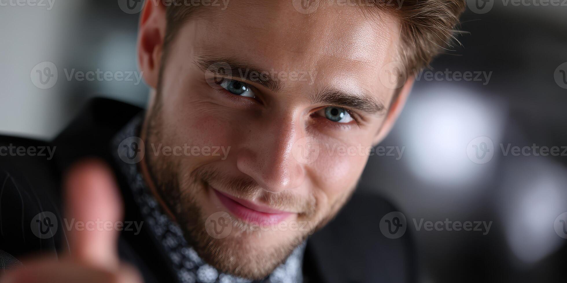 Young man in formal attire smiling and giving a thumbs up at a professional event during the day photo