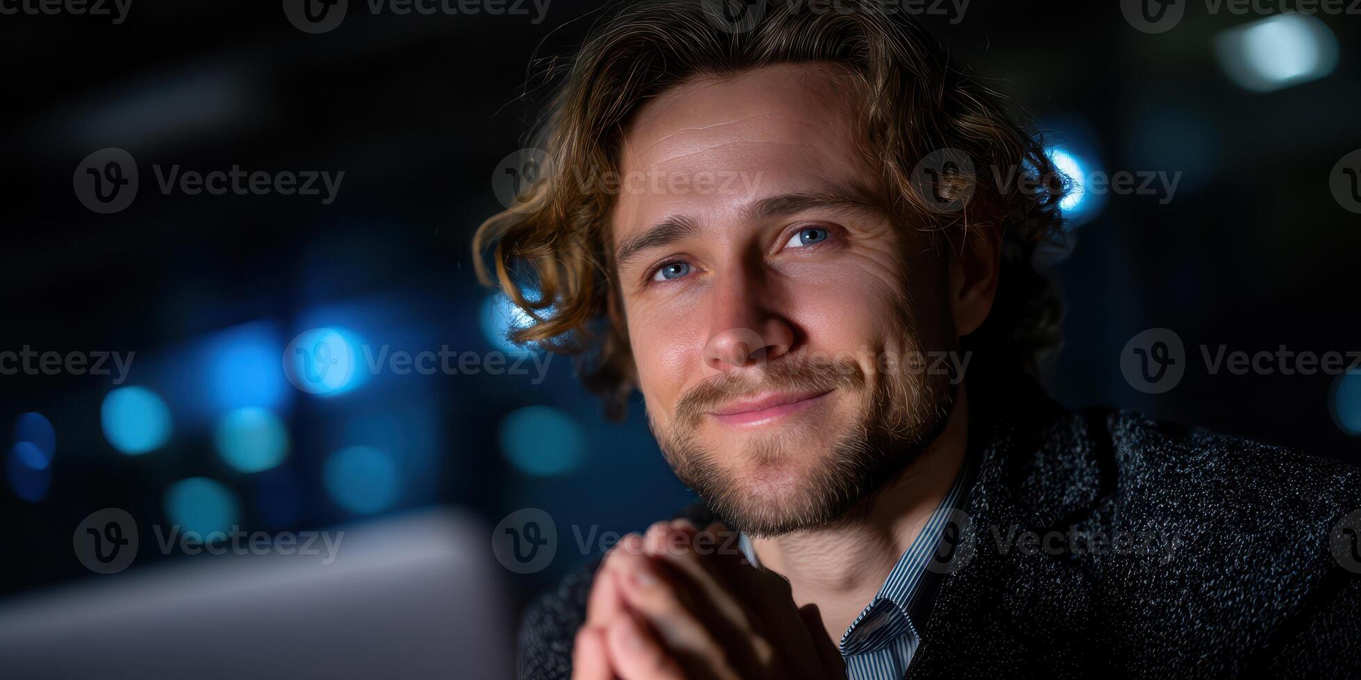 Man with curly hair smiles warmly in a dimly lit urban workspace during evening hours photo