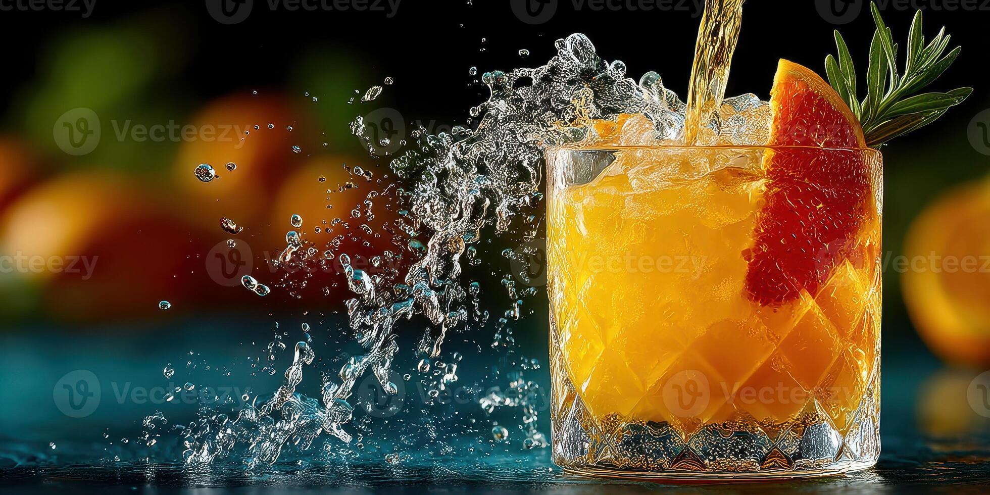 Refreshing orange cocktail splash captured in a vibrant setting with citrus garnishes photo